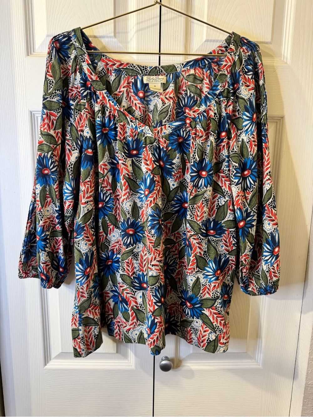Lucky Brand Floral Scoop Neck Top in Blue, Green & Coral